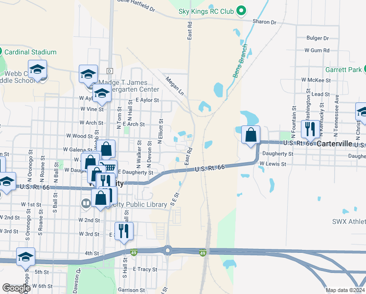 map of restaurants, bars, coffee shops, grocery stores, and more near 530 North East Street in Webb City