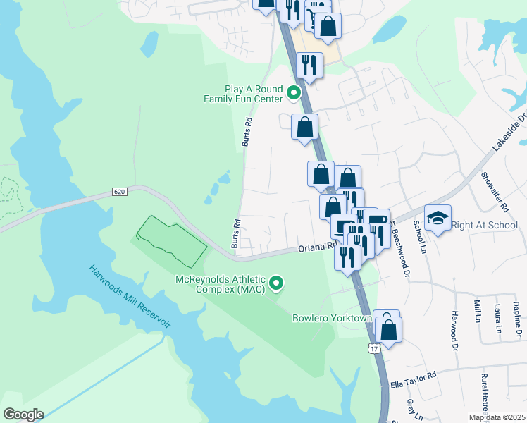 map of restaurants, bars, coffee shops, grocery stores, and more near 111 Quail Road in Yorktown