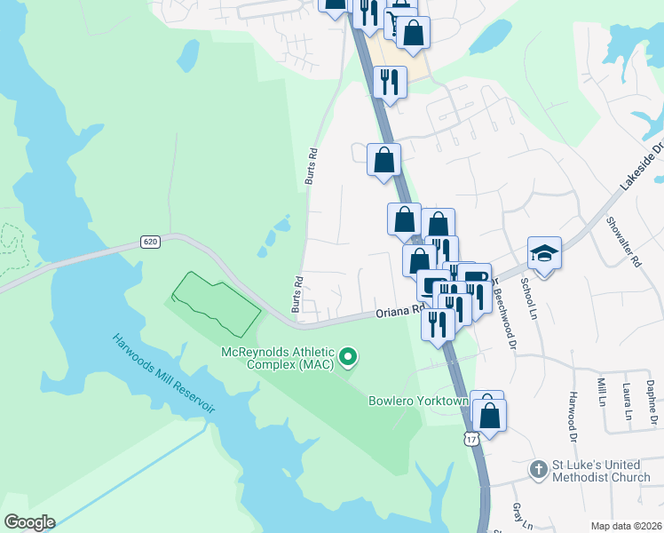 map of restaurants, bars, coffee shops, grocery stores, and more near 111 Quail Road in Yorktown