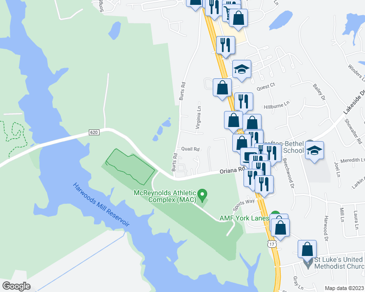 map of restaurants, bars, coffee shops, grocery stores, and more near 103 Quail Road in Yorktown