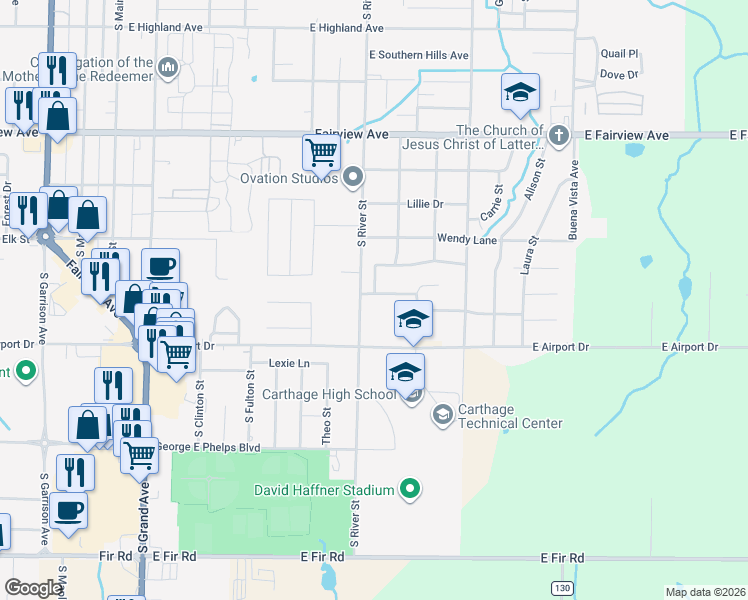 map of restaurants, bars, coffee shops, grocery stores, and more near 908 Gene Taylor Drive in Carthage
