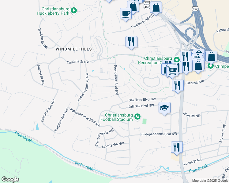 map of restaurants, bars, coffee shops, grocery stores, and more near 1330 Providence Boulevard Northwest in Christiansburg