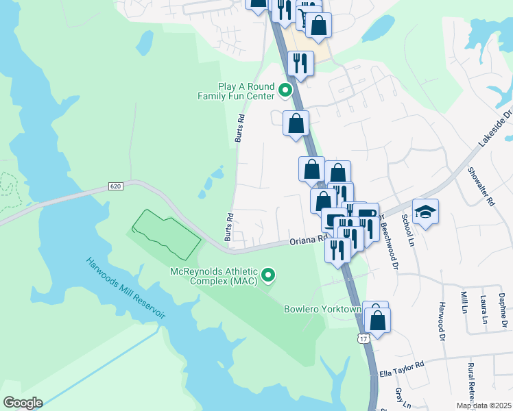 map of restaurants, bars, coffee shops, grocery stores, and more near 111 Quail Road in Yorktown