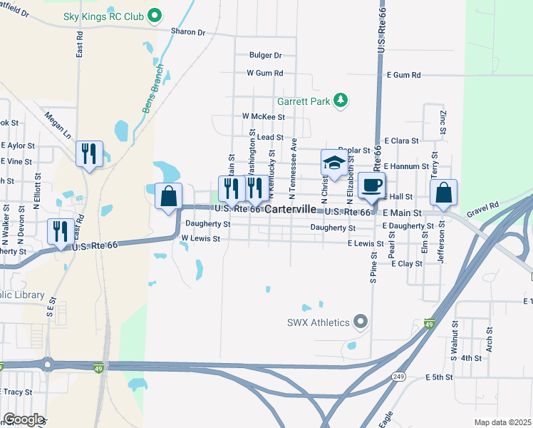 map of restaurants, bars, coffee shops, grocery stores, and more near 201 West Main Street in Carterville