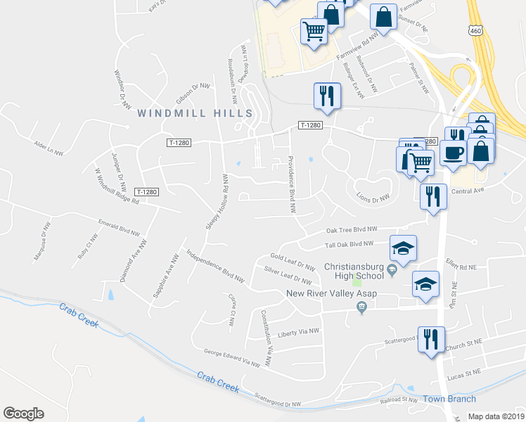 map of restaurants, bars, coffee shops, grocery stores, and more near 295 Twig Street in Christiansburg