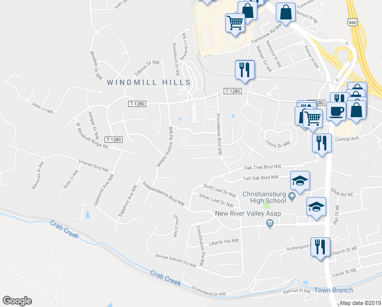 map of restaurants, bars, coffee shops, grocery stores, and more near 105 Twig Street in Christiansburg