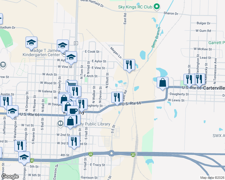map of restaurants, bars, coffee shops, grocery stores, and more near 406 North Elliott Street in Webb City