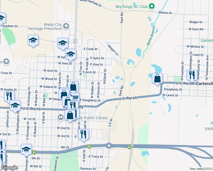 map of restaurants, bars, coffee shops, grocery stores, and more near 406 North Elliott Street in Webb City