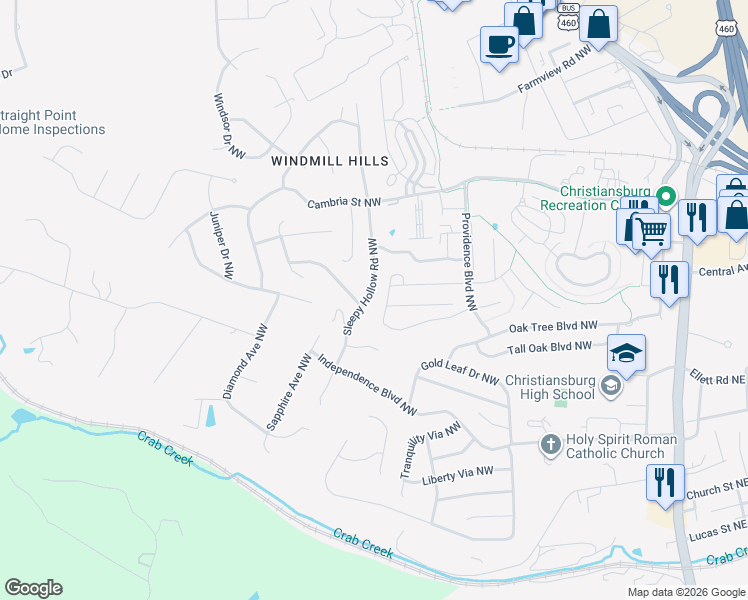 map of restaurants, bars, coffee shops, grocery stores, and more near 1545 Sleepy Hollow Road Northwest in Christiansburg