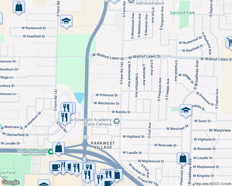 map of restaurants, bars, coffee shops, grocery stores, and more near 1621 West Primrose Street in Springfield
