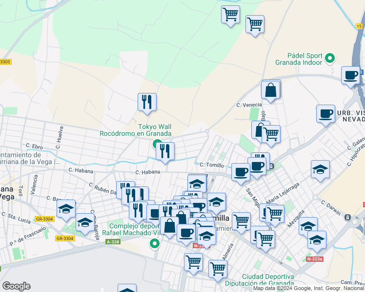 map of restaurants, bars, coffee shops, grocery stores, and more near 23 Calle Costa Rica in Churriana de la Vega