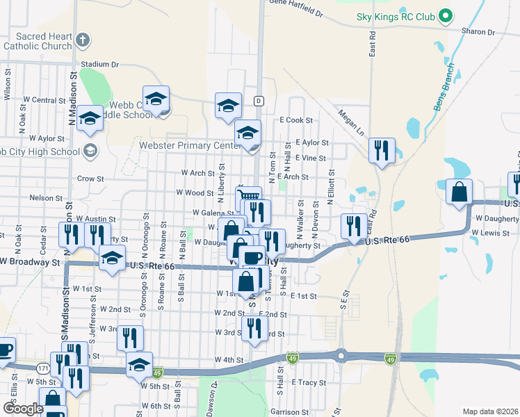 map of restaurants, bars, coffee shops, grocery stores, and more near 406 North Main Street Road in Webb City