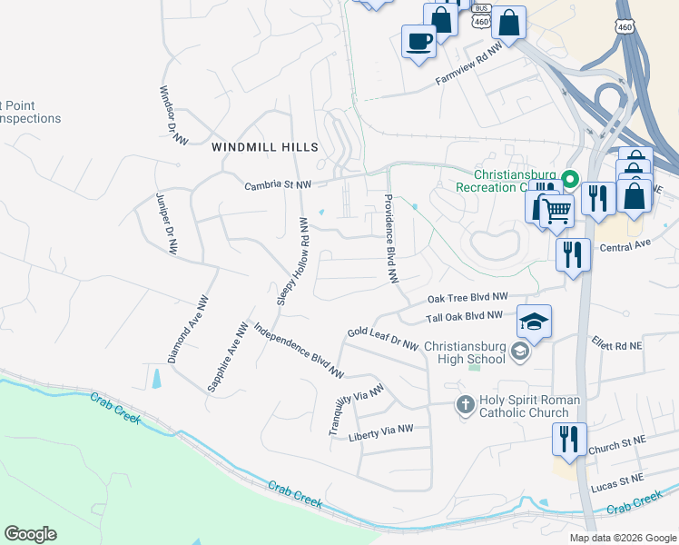 map of restaurants, bars, coffee shops, grocery stores, and more near 105 Twig Street in Christiansburg