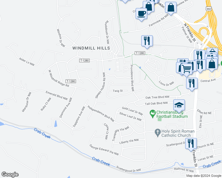 map of restaurants, bars, coffee shops, grocery stores, and more near 615 Twisted Oak Drive Northwest in Christiansburg