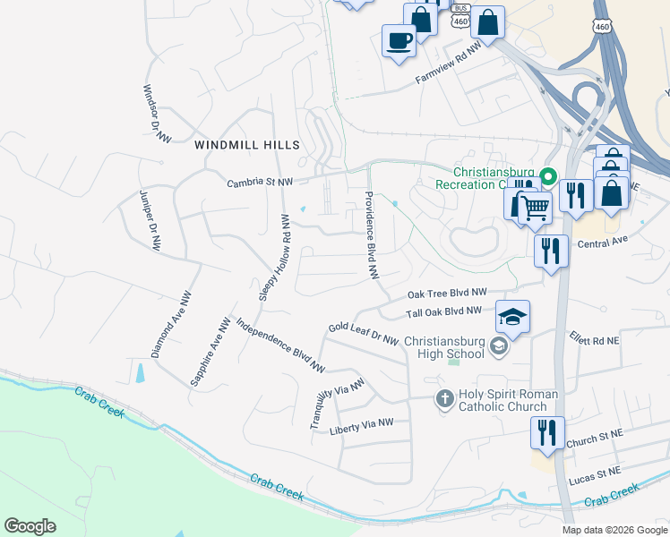 map of restaurants, bars, coffee shops, grocery stores, and more near 295 Twig Street in Christiansburg