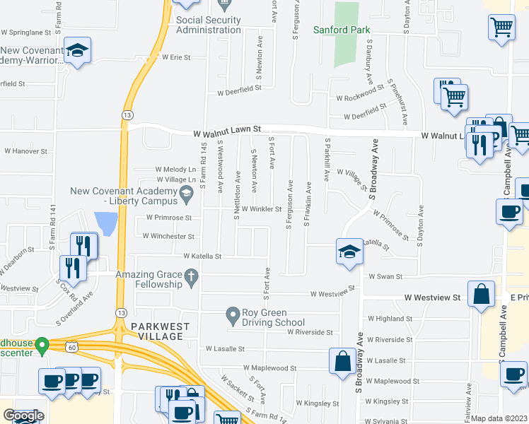 map of restaurants, bars, coffee shops, grocery stores, and more near 1228 West Winkler Street in Springfield