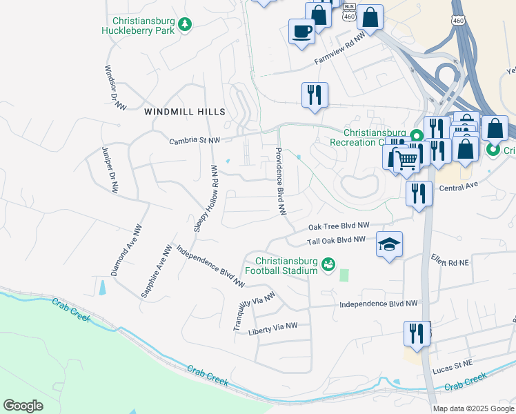 map of restaurants, bars, coffee shops, grocery stores, and more near 295 Twig Street in Christiansburg