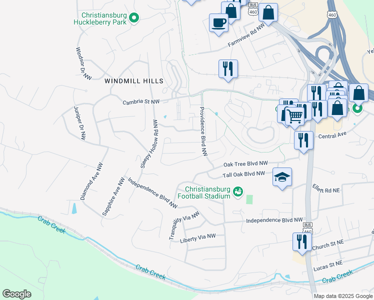 map of restaurants, bars, coffee shops, grocery stores, and more near 335 Twig Street in Christiansburg