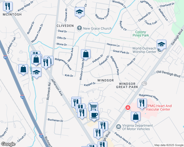 map of restaurants, bars, coffee shops, grocery stores, and more near 711 Jouett Drive in Newport News