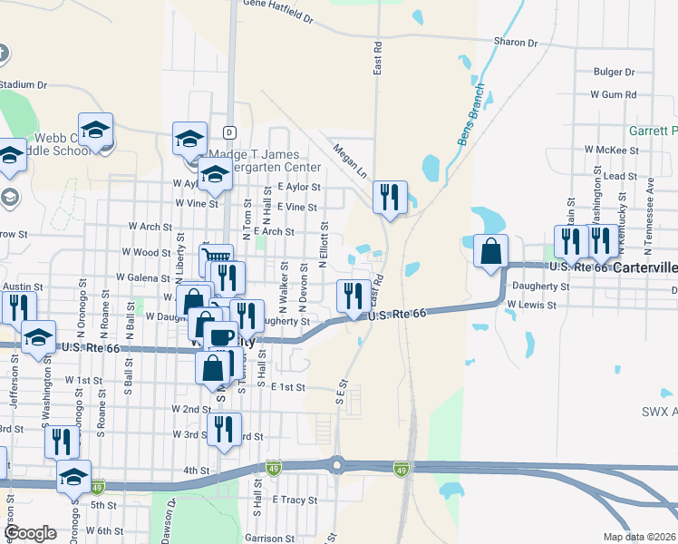 map of restaurants, bars, coffee shops, grocery stores, and more near 406 North Elliott Street in Webb City