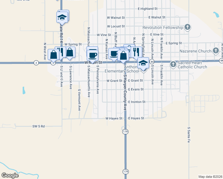 map of restaurants, bars, coffee shops, grocery stores, and more near 249 West Evans Street in Anthony