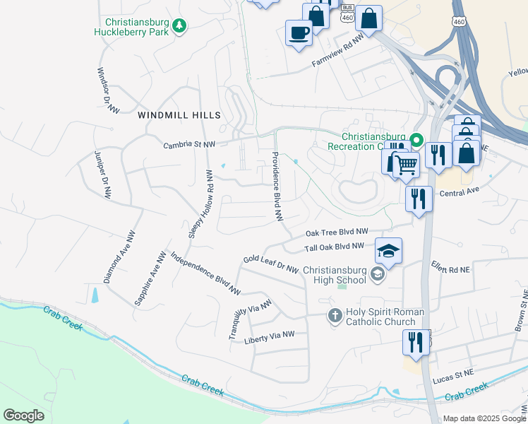 map of restaurants, bars, coffee shops, grocery stores, and more near 295 Twig Street in Christiansburg