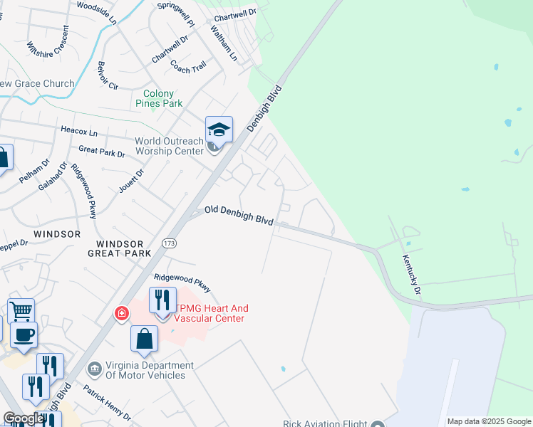 map of restaurants, bars, coffee shops, grocery stores, and more near 1093 Old Denbigh Boulevard in Newport News