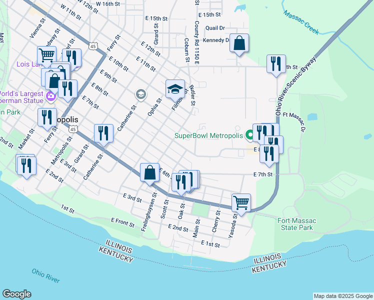 map of restaurants, bars, coffee shops, grocery stores, and more near 825 East 8th Street in Metropolis
