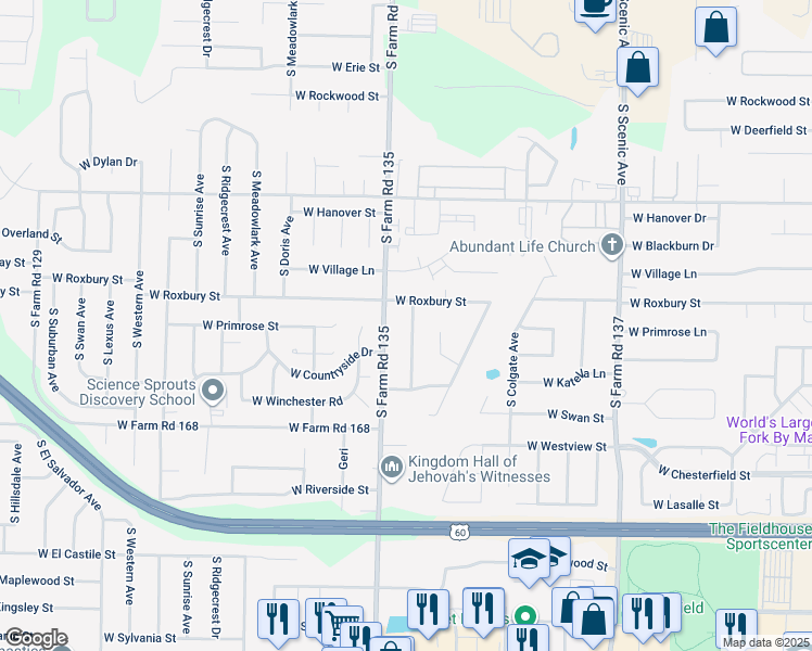 map of restaurants, bars, coffee shops, grocery stores, and more near 3611 South Walnut Hill Avenue in Springfield