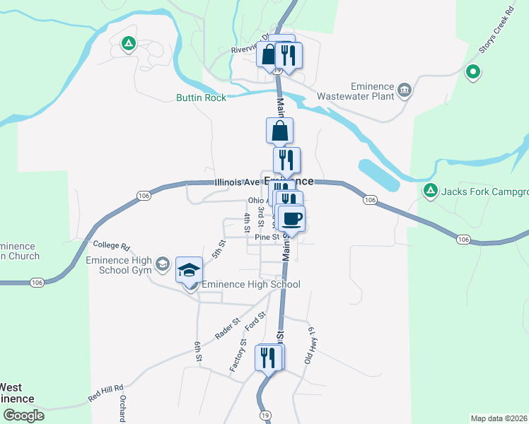 map of restaurants, bars, coffee shops, grocery stores, and more near 18106 3rd Street in Eminence