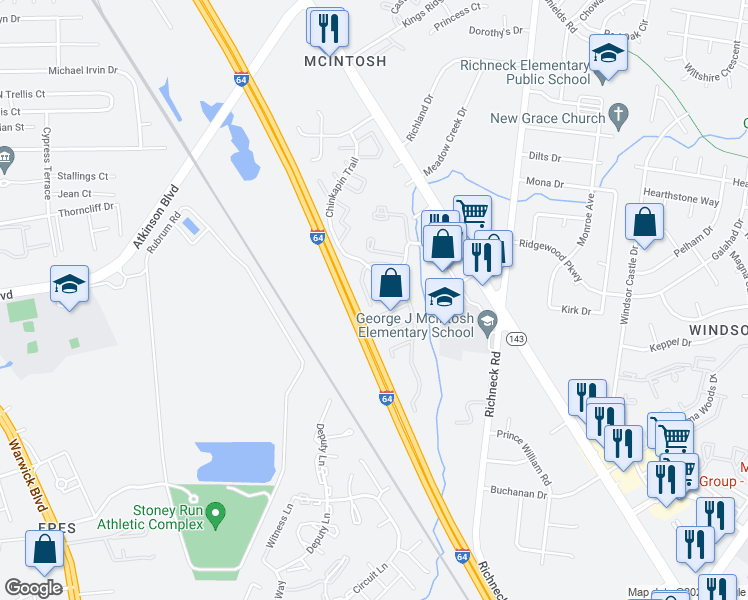 map of restaurants, bars, coffee shops, grocery stores, and more near 504 Chanticlar Court in Newport News