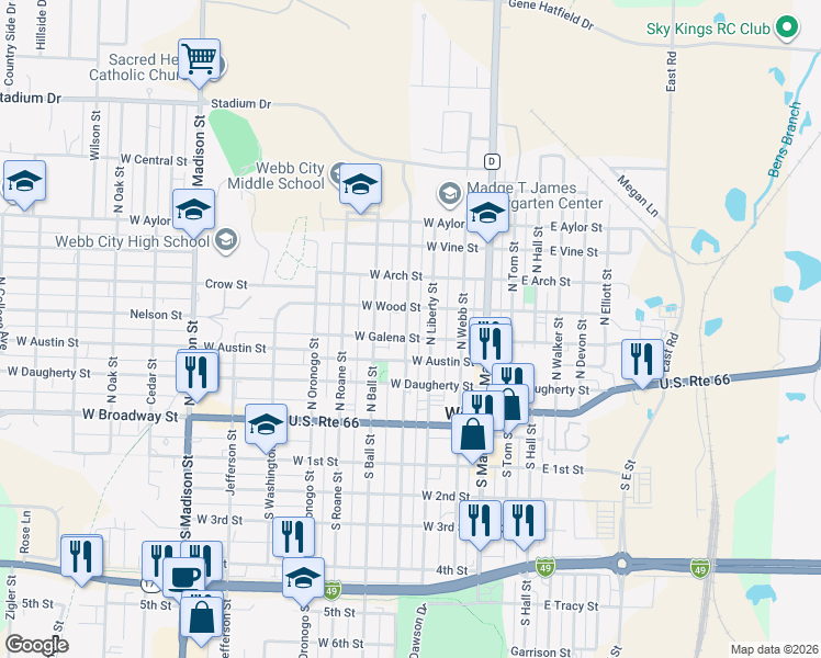 map of restaurants, bars, coffee shops, grocery stores, and more near 402 North Liberty Street in Webb City