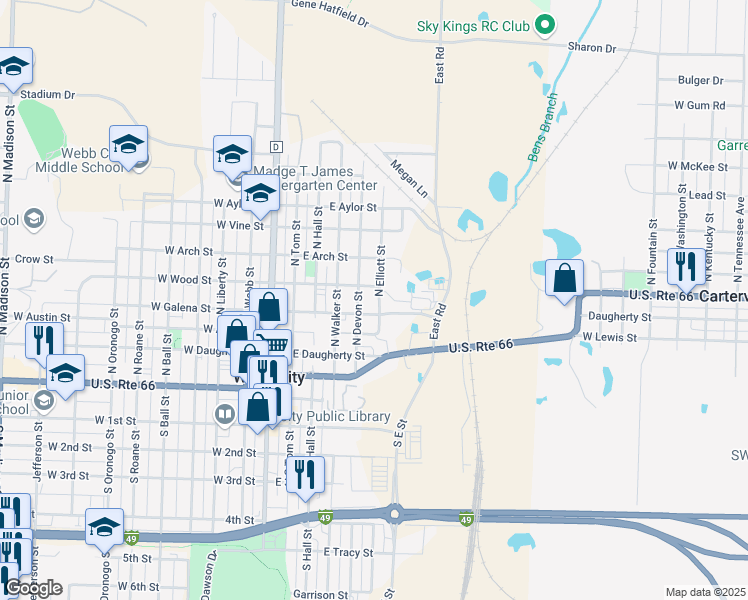 map of restaurants, bars, coffee shops, grocery stores, and more near 406 North Elliott Street in Webb City