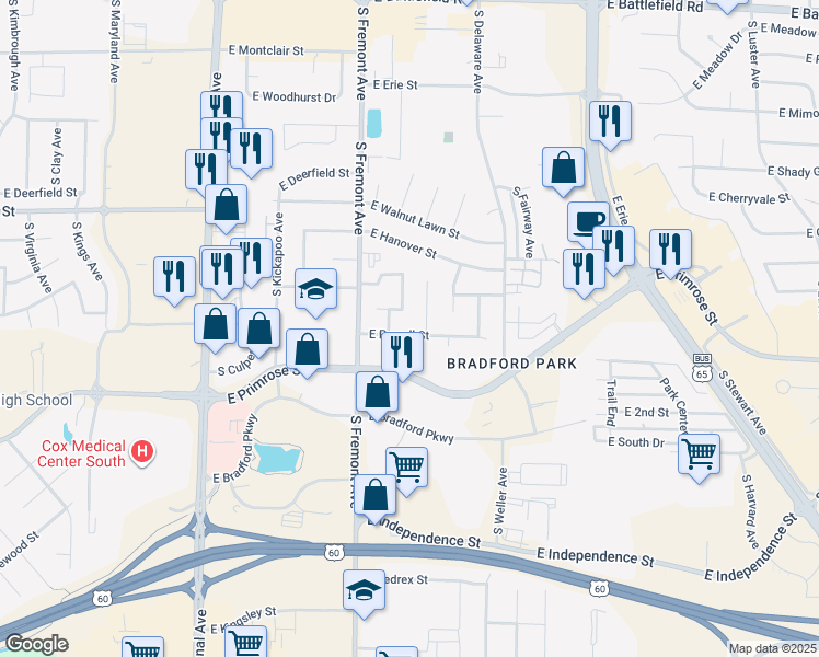 map of restaurants, bars, coffee shops, grocery stores, and more near 1459 East Powell Street in Springfield