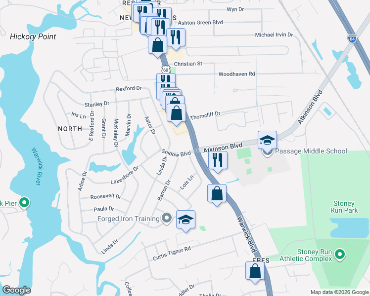 map of restaurants, bars, coffee shops, grocery stores, and more near 8 Snidow Boulevard in Newport News