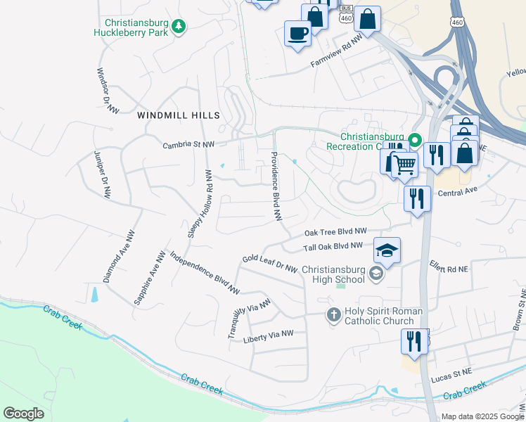 map of restaurants, bars, coffee shops, grocery stores, and more near 295 Twig Street in Christiansburg