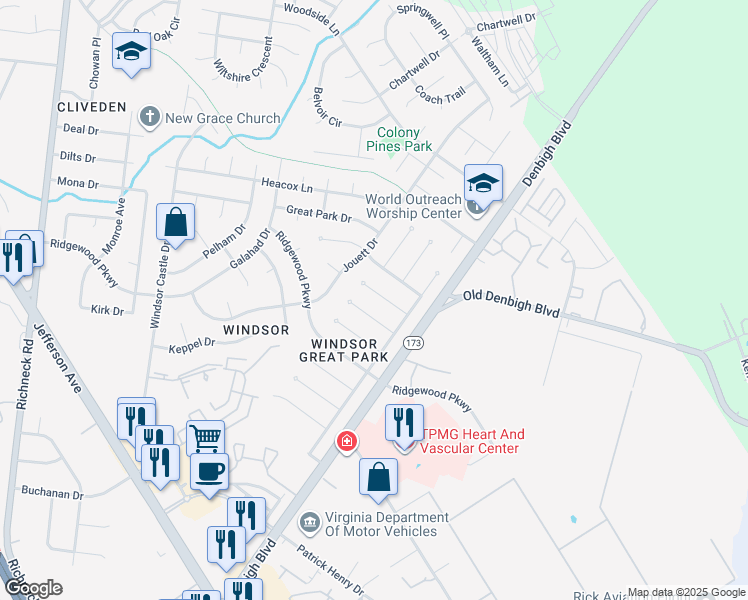 map of restaurants, bars, coffee shops, grocery stores, and more near 19 Fauquier Place in Newport News