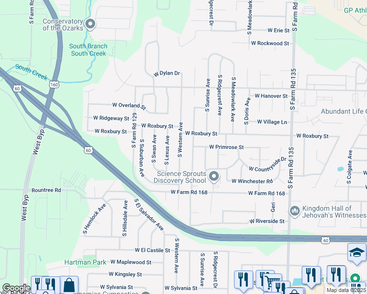 map of restaurants, bars, coffee shops, grocery stores, and more near 3632 South Western Avenue in Springfield