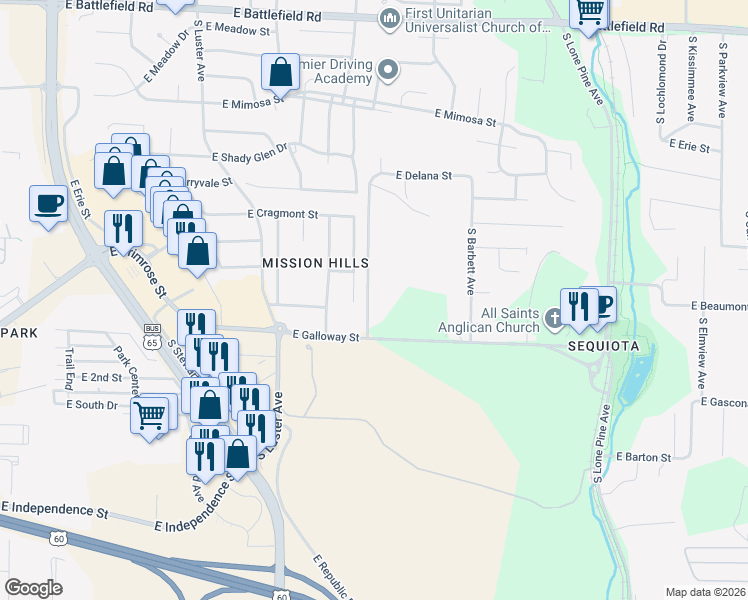 map of restaurants, bars, coffee shops, grocery stores, and more near 3510 South Horseshoe Avenue in Springfield
