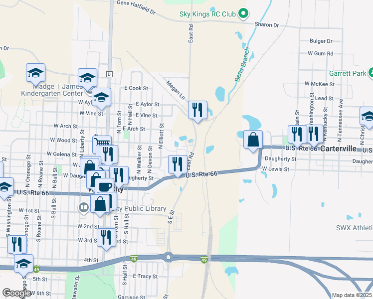 map of restaurants, bars, coffee shops, grocery stores, and more near 530 North East Street in Webb City