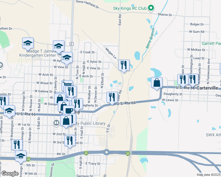 map of restaurants, bars, coffee shops, grocery stores, and more near 530 North East Street in Webb City