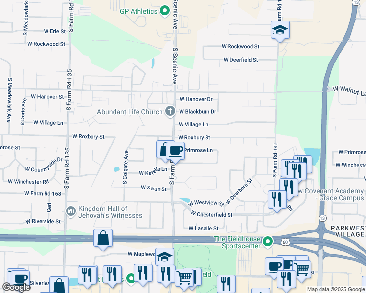map of restaurants, bars, coffee shops, grocery stores, and more near 2651 W Primrose Ln in Springfield