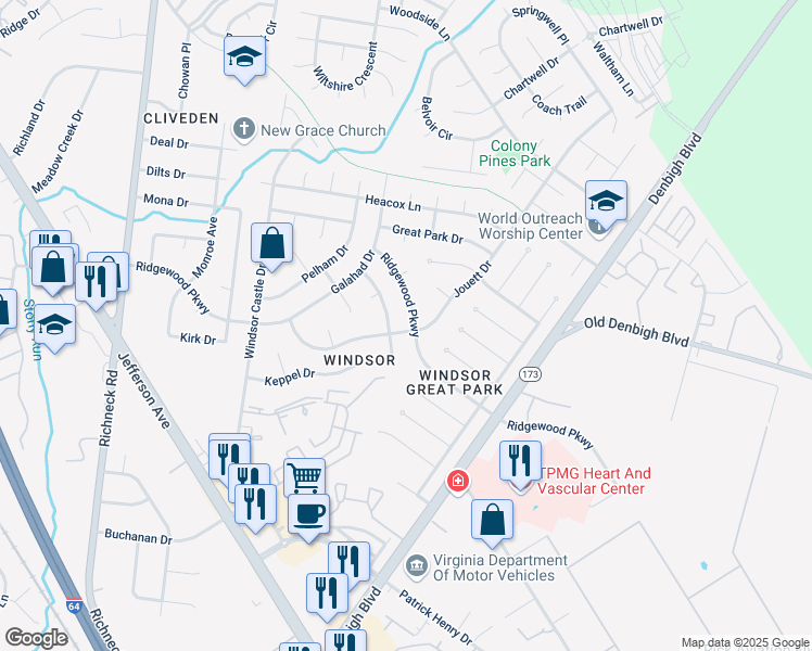 map of restaurants, bars, coffee shops, grocery stores, and more near 41 Ridgewood Parkway in Newport News