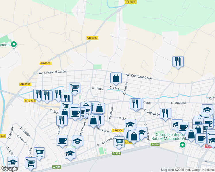 map of restaurants, bars, coffee shops, grocery stores, and more near 11 Calle Ebro in Churriana de la Vega
