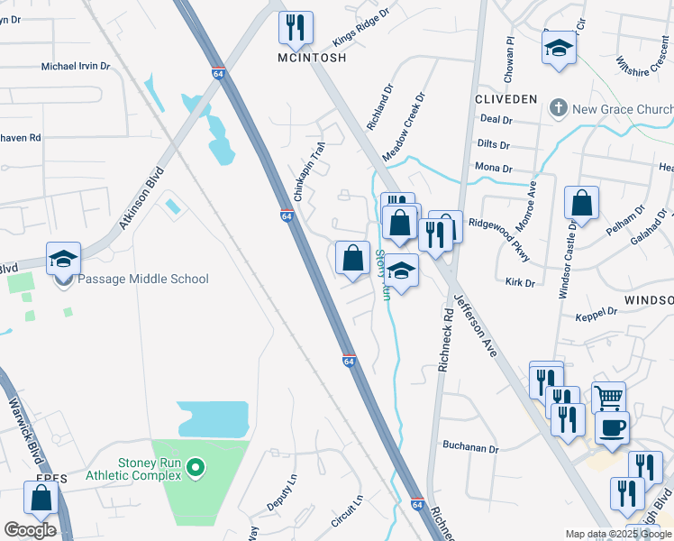 map of restaurants, bars, coffee shops, grocery stores, and more near 469 Springmont Court in Newport News