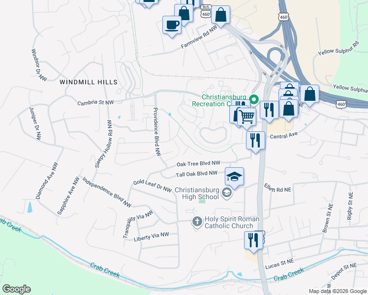 map of restaurants, bars, coffee shops, grocery stores, and more near 295 Willow Oak Drive Northwest in Christiansburg