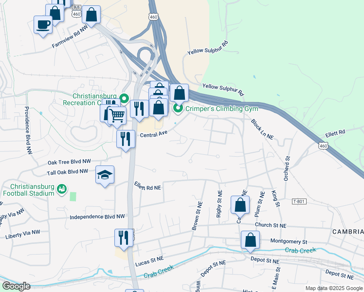 map of restaurants, bars, coffee shops, grocery stores, and more near 155 Central Avenue in Christiansburg