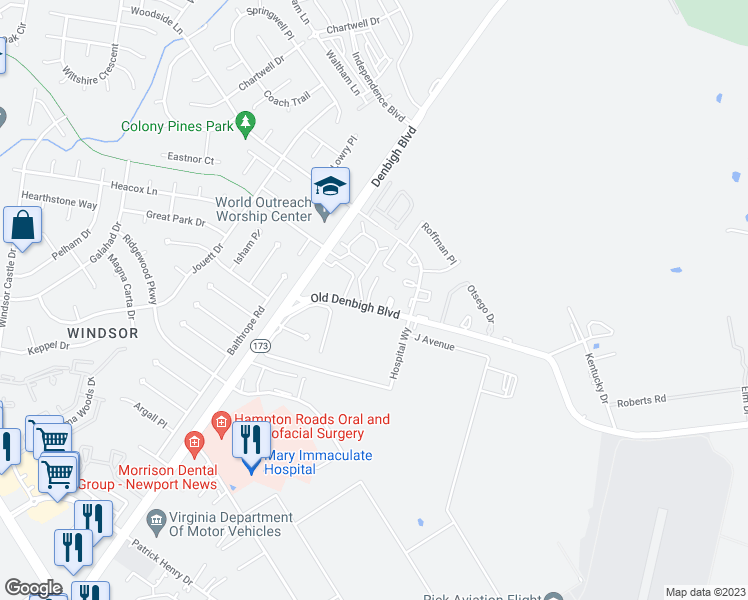 map of restaurants, bars, coffee shops, grocery stores, and more near 1057 Old Denbigh Boulevard in Newport News