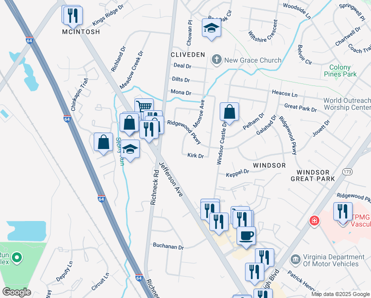 map of restaurants, bars, coffee shops, grocery stores, and more near 220 Monroe Avenue in Newport News