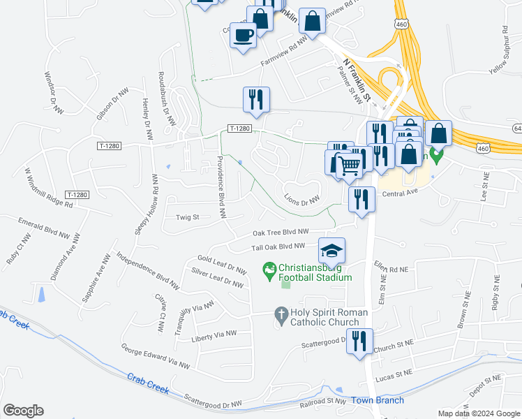 map of restaurants, bars, coffee shops, grocery stores, and more near 295 Willow Oak Drive Northwest in Christiansburg